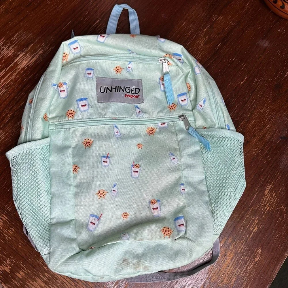 Unhinged By Jansport Mint Backpack With Milk & Cookies Print Adjustable Straps - Picture 1 of 14